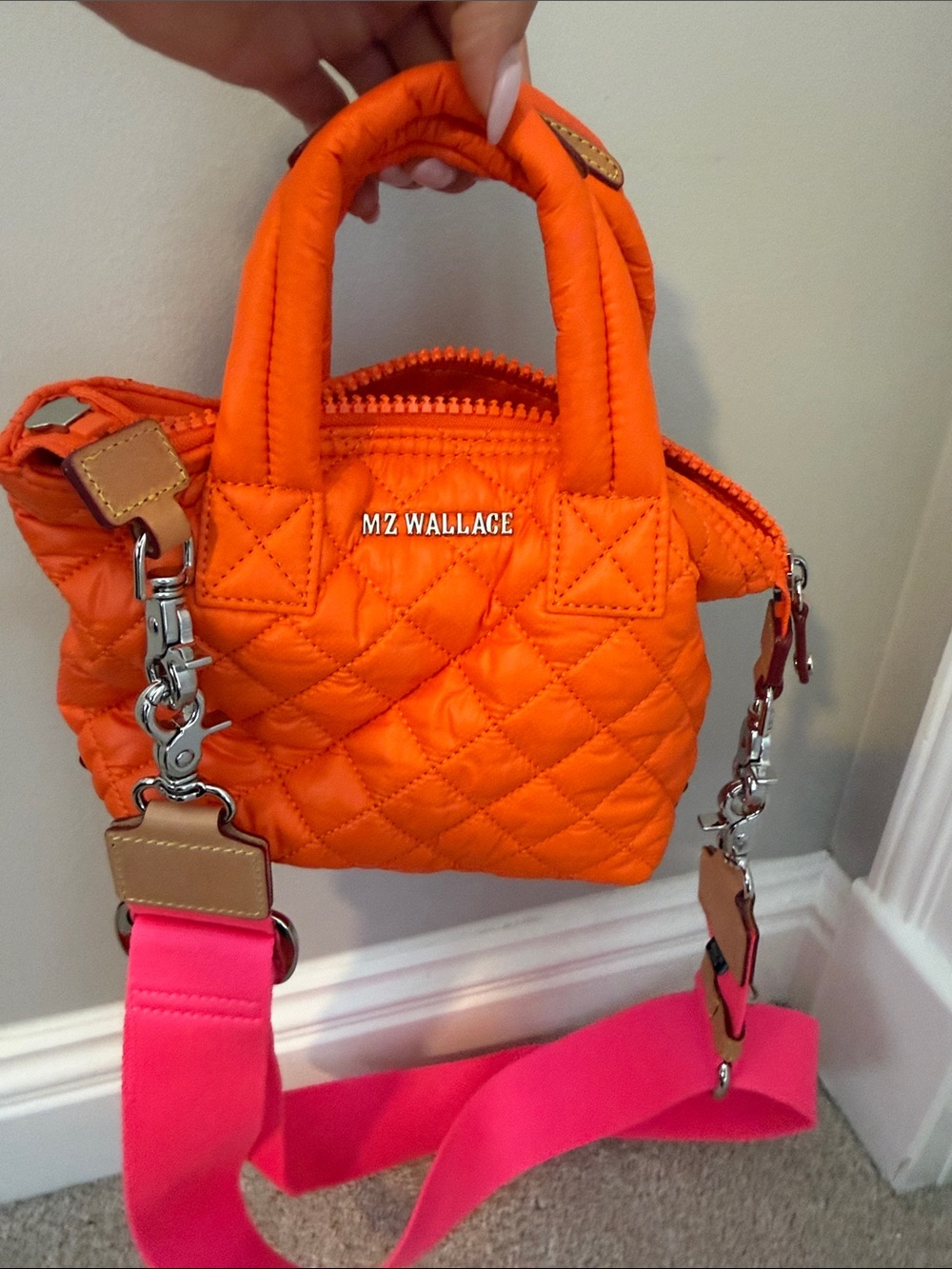 Bright Orange Quilted MZ Wallace Mini Bag with Hot Pink/ and Orange Strap - Picture 6 of 9